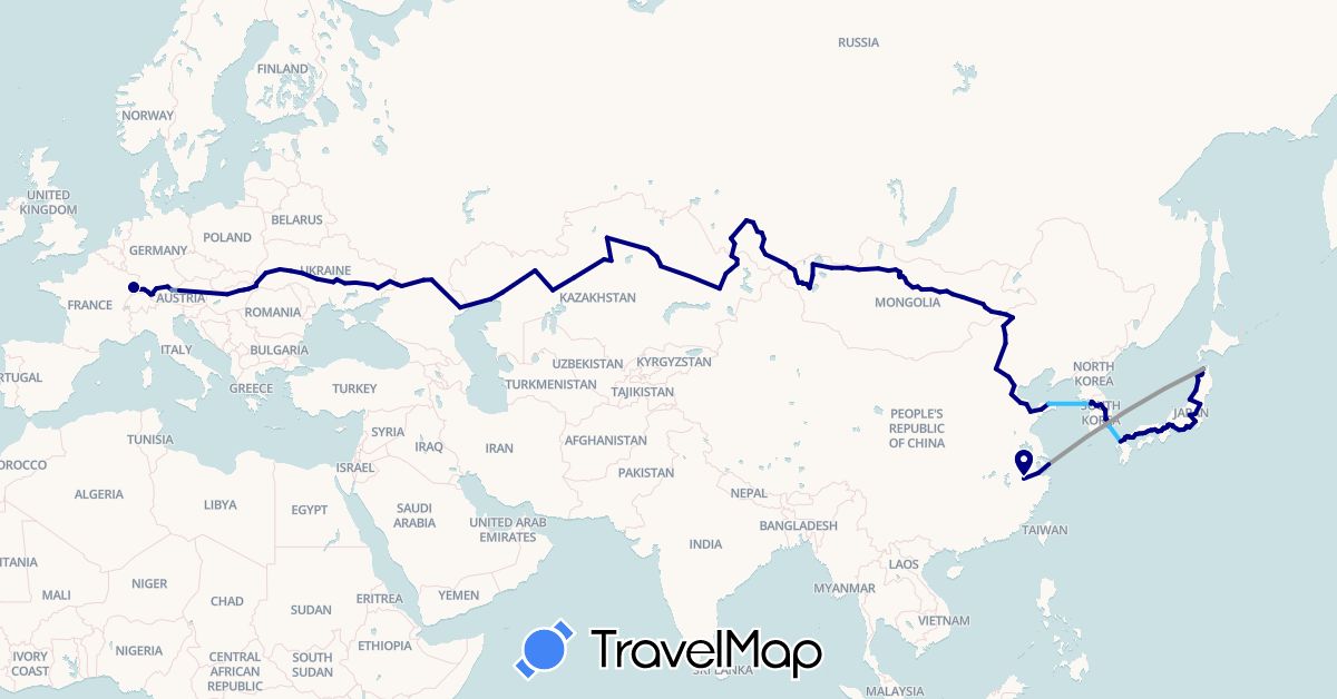 TravelMap itinerary: driving, plane, cycling, boat in Austria, Switzerland, China, Germany, France, Hungary, Japan, South Korea, Kazakhstan, Mongolia, Russia, Ukraine (Asia, Europe)